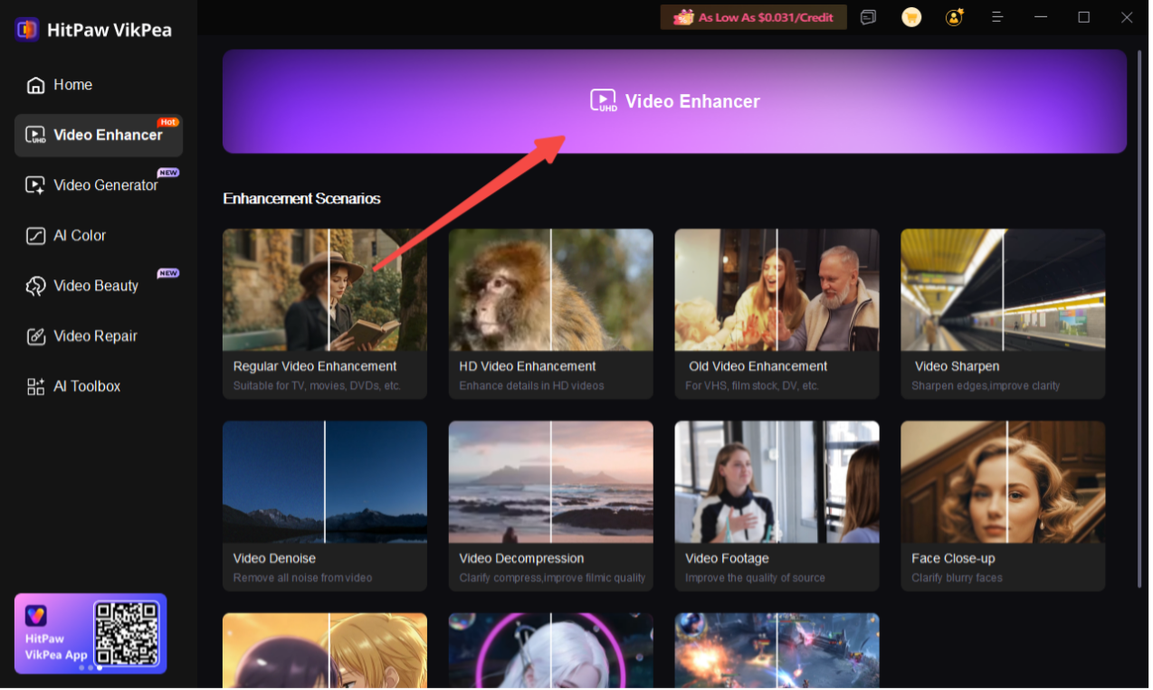 HitPaw VikPea AI video upscale and quality enhancement feature