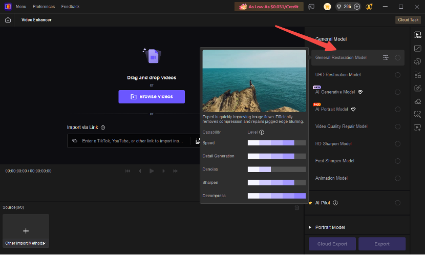 Select AI models in HitPaw VikPea for video enhancement 