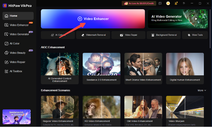 HitPaw VikPea video enhancer dashboard 